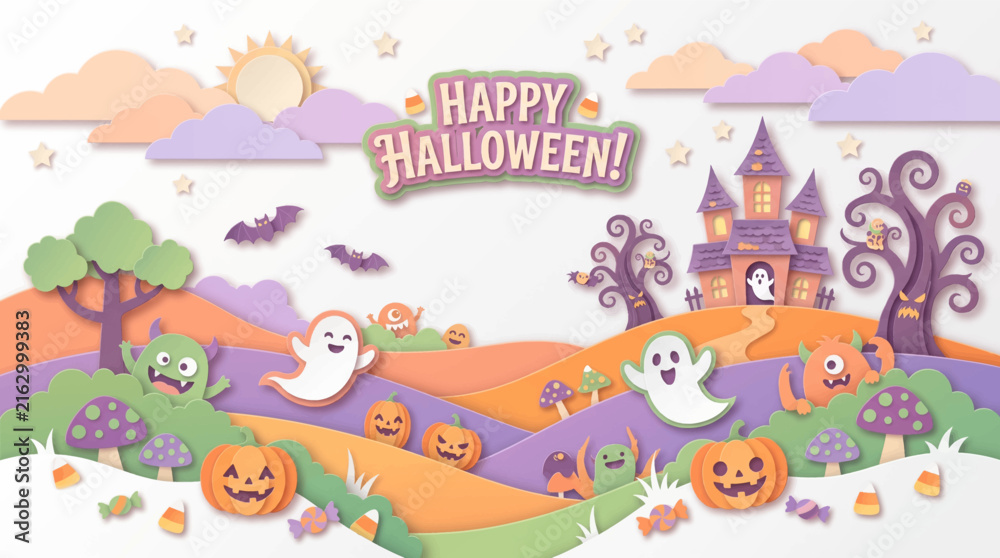 Naklejka premium Whimsical scene with ghosts pumpkins and playful creatures under cheerful sky with illustration _ Happy Halloween - Halloween Festival
