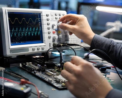 Technician Using Oscilloscope for Electronic Circuit Testing