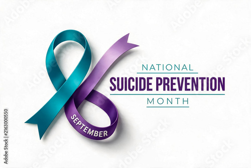 National Suicide Prevention Month banner, teal and purple awareness ribbon on white background, September mental health campaign graphic