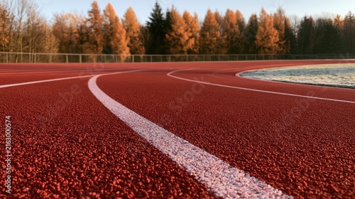 A red athletic track curves into the distance under autumn trees