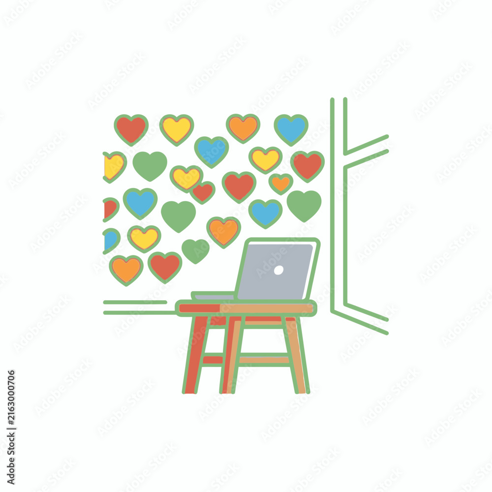 Fototapeta premium Laptop on stool surrounded by floating hearts.