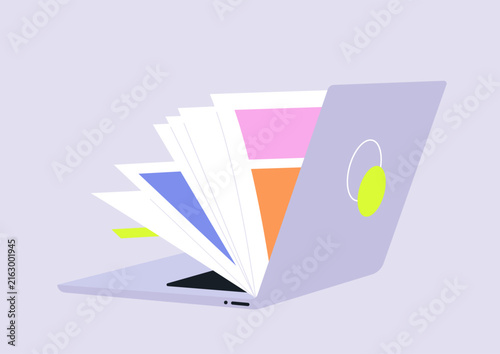 In a calm workspace, a sleek laptop opens to reveal colorful pages that showcase creativity through digital design and literature, inspiring innovation and imagination.