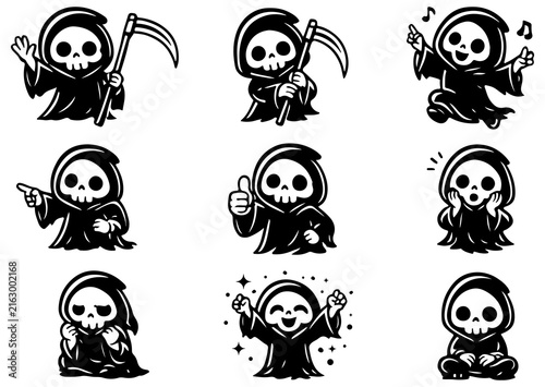 Cute Grim Reaper Halloween Character Line Art Set, Spooky Skeleton Death Mascot Collection