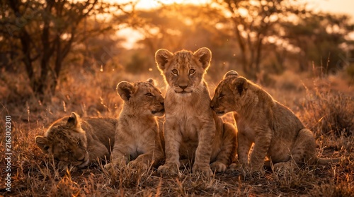 A group of cute lion cubs standing together in the african savanna during a beautiful golden sunset