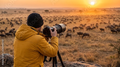 Wildlife photographer capturing the great migration of wildebeest during a dramatic african sunset