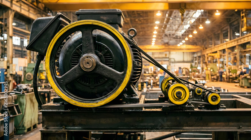 Heavy Duty Industrial Electric Motor with Belt Drive Pulley System in Factory | Close-Up of Heavy Electric Motor Drive Mechanism with Yellow Pulley Wheels | Industrial Machinery Power Unit with Pulley