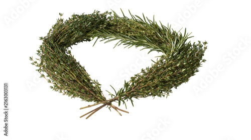 Photography Fresh rosemary and thyme herb wreath tied with stems