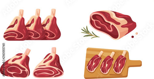 Raw Red Meat and Lamb Chops Vector Set with Beef Ribs Marbled Steak and Wooden Cutting Board Clip Art