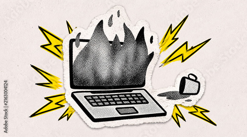 Pop Art Halftone Laptop with Spilled Coffee, Workplace Accident and Computer Damage Concept in Torn Paper Collage Style
