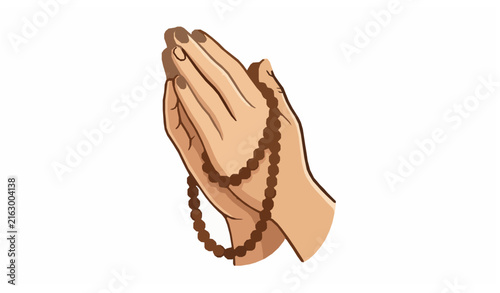 Praying Hands Holding Prayer Beads Isolated on White Background