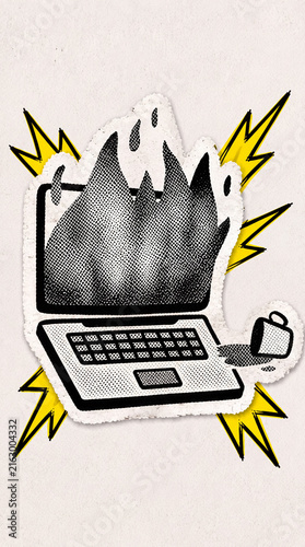 Pop Art Halftone Laptop with Spilled Coffee, Workplace Accident and Computer Damage Concept in Torn Paper Collage Style, Vertical bg