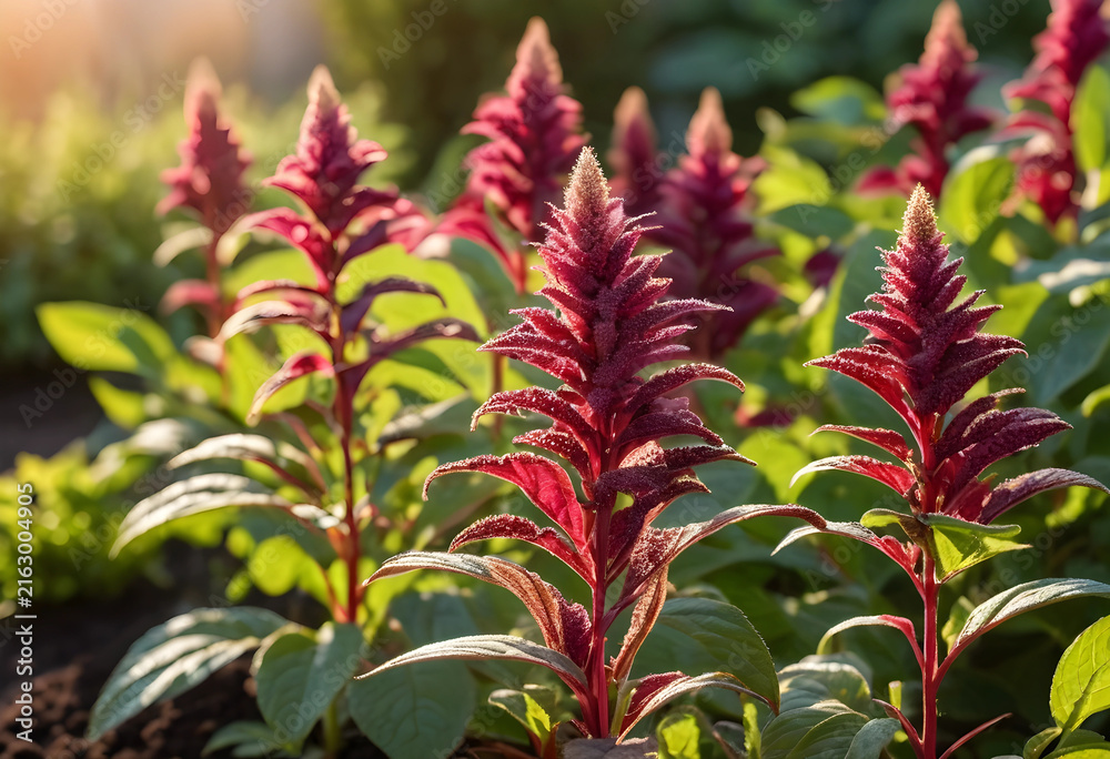 Fototapeta premium Amaranth plant with vibrant red leaves and flowers, organic gardening and healthy eating, natural food source in sunlight