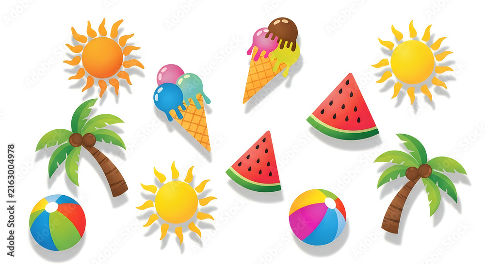 Obraz premium Colorful summer treats and beach icons set