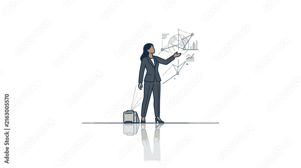 Obraz premium Businesswoman analyzing geometric data visualization in modern office.