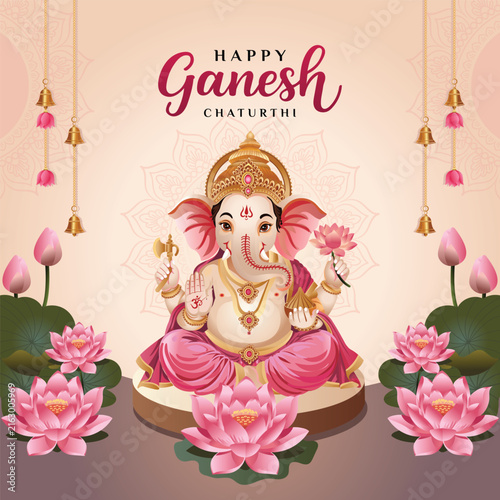 Photography Happy Ganesh Chaturthi Festival Celebration Banner with Lord Ganesha, Lotus Flowers, Decorative Bells, Traditional Mandala Background, Greeting Card Vector Template