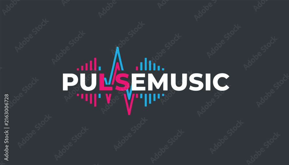 Fototapeta premium Creative pulse music brand logo featuring abstract pink and blue audio sound wave lines on dark grey background.