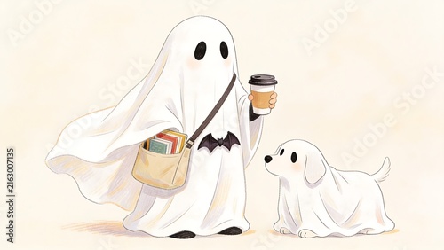A ghost wearing a bedsheet, holding a coffee cup, carrying a cloth bag with books inside, and a ghost dog also wearing a bedsheet. Watercolor style.