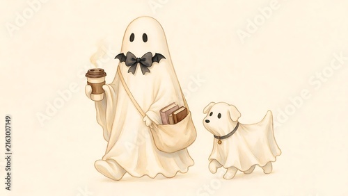 A ghost wearing a bedsheet, holding a coffee cup and carrying a cloth bag containing books, walks alongside a ghost dog also wearing a flowing bedsheet. Watercolor style.