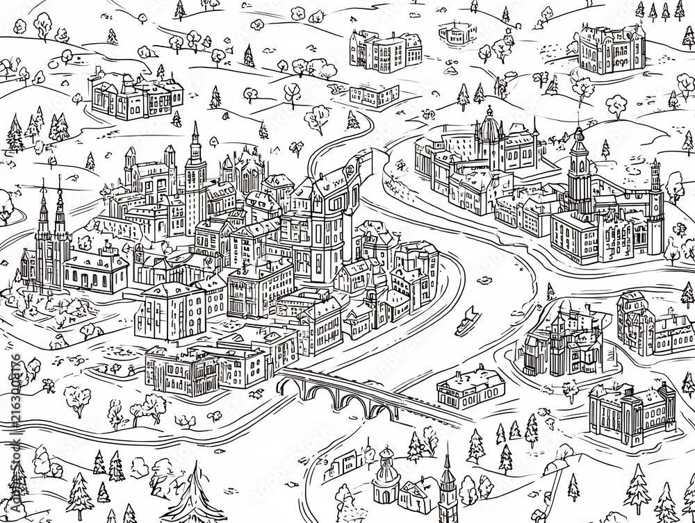 Fototapeta premium Hand Drawn European City Map Illustration with Historic Buildings, River, and Bridge Outline