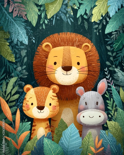 Cute cartoon lion, tiger cub, and hippo friends standing together in a lush jungle forest illustration.