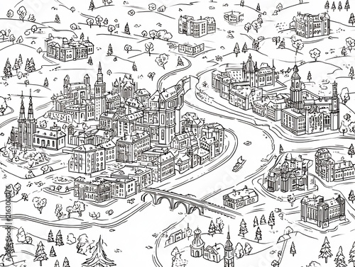 Hand Drawn European City Map Illustration with Historic Buildings, River, and Bridge Outline
