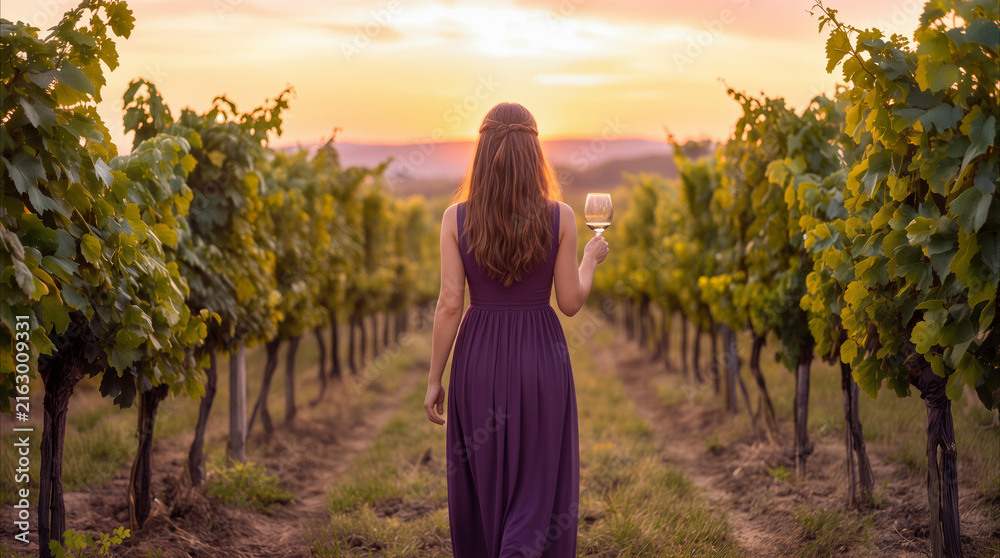 Naklejka premium Vineyard owner walking through grapevines at sunset. Woman holding glass of white wine while inspecting crop during harvest season.