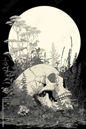 Human skull overgrown with plants and flowers under a full moon illustration