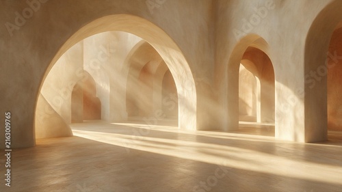 Serene empty room with warm sunlight streaming through multiple architectural arches, creating beautiful light and shadow patterns.