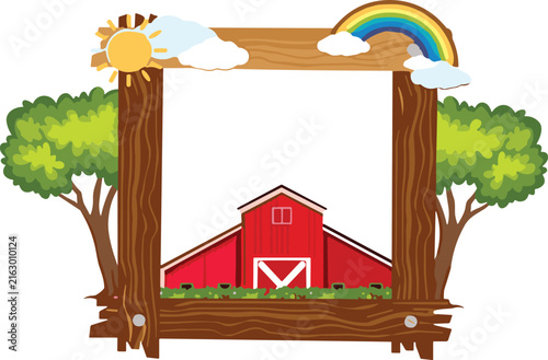 Wooden Farm Frame Template Vector Illustration with Red Barn Countryside Trees Sun and Rainbow Border Background