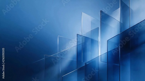Modern abstract blue background with transparent geometric panels. Futuristic technology concept with translucent layers and light effects.