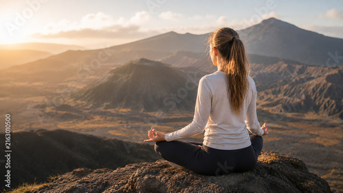 Woman meditating in lotus pose on mountain peak during golden sunrise