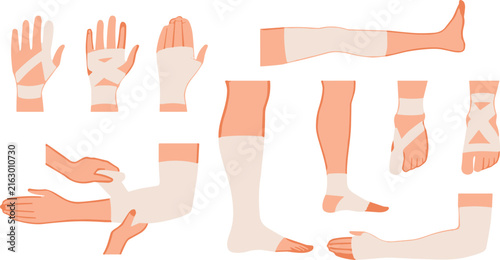 Medical Compression Bandage Wrapping Vector Set showing First Aid Elastic Dressing for Sprains Fractures and Injury Recovery