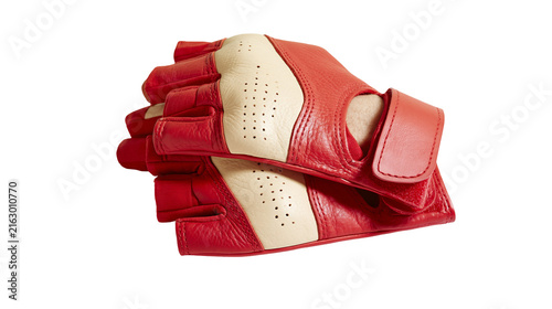 Quadro su tela Red and beige fingerless leather gloves with perforations