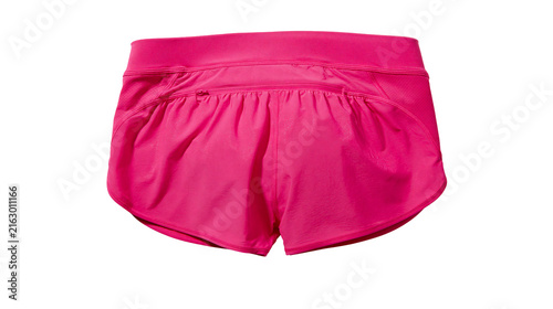 Pink running shorts with elastic waistband and zippered pocket