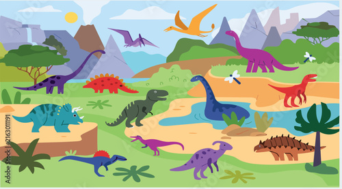 Prehistoric Dinosaur Landscape Vector Illustration with Cartoon Tyrannosaurus Rex Triceratops Brachiosaurus and Pterodactyl Scene