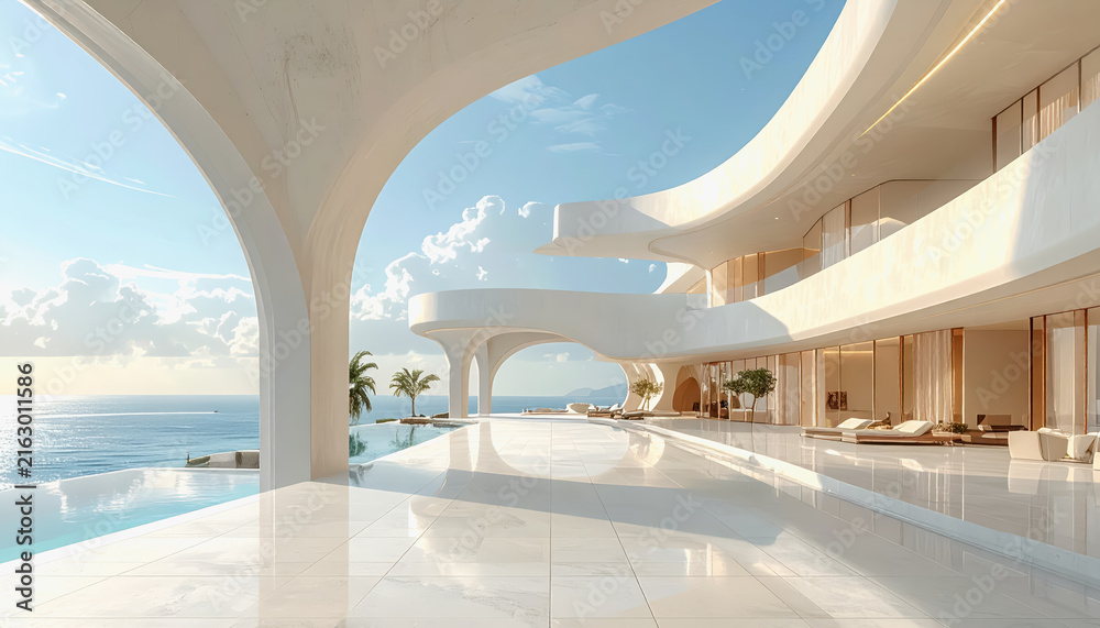 Fototapeta premium Luxurious modern villa with infinity pool overlooking the ocean on a sunny day