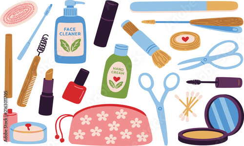 Hand Drawn Cosmetics and Personal Care Vector Set with Floral Makeup Bag Face Cleaner Lipstick and Scissors Clip Art