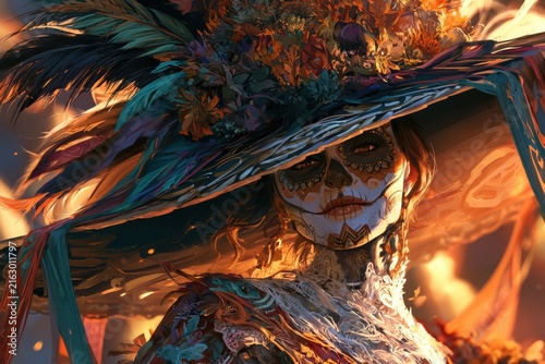 Digital painting of a Catrina figure with elaborate headwear, petals, and jewel-toned patterns in warm glow