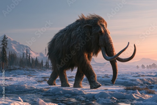Digital painting of a woolly mammoth strolling through a snow-covered valley with a distant conifer forest