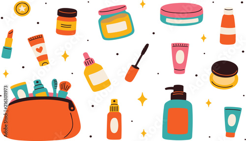 Hand Drawn Cosmetics and Skincare Vector Elements Set with Makeup Bag Face Serum Moisturizer Jars and Mascara