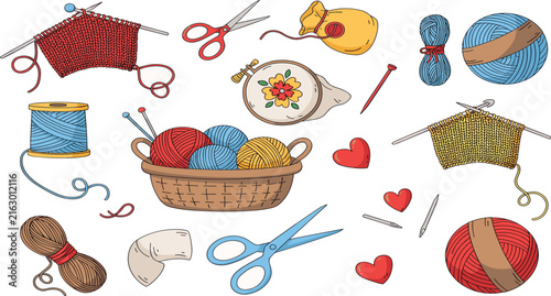 Hand Drawn Knitting and Crafting Vector Elements Set with Vintage Engraving Textures featuring Yarn Basket Scissors and Embroidery