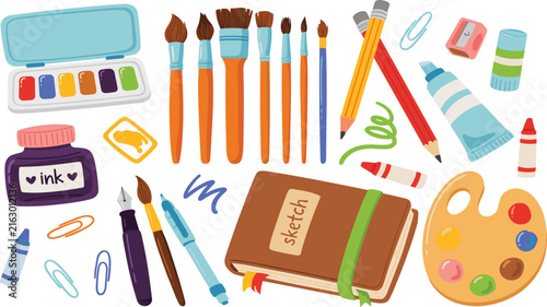 Hand Drawn Art Supplies Vector Set with Sketchbook Watercolor Palette Paint Brushes Ink Bottle and Pencils Clip Art