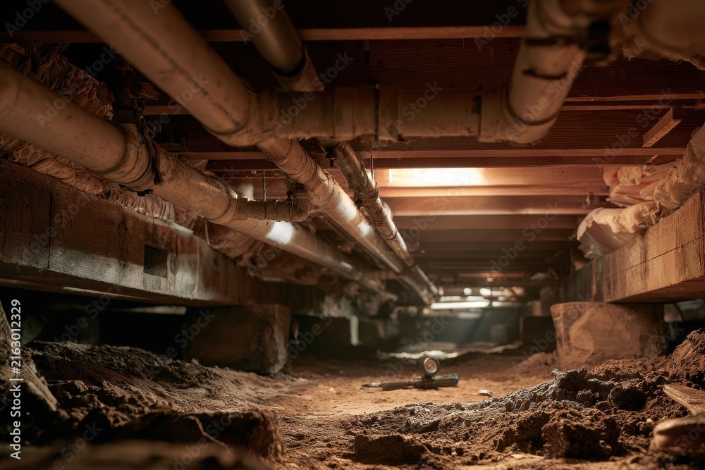 Fototapeta premium Dim crawlspace scene showing exposed white PVC plumbing, elbows, joints, and shutoff valves for bathroom sink and shower