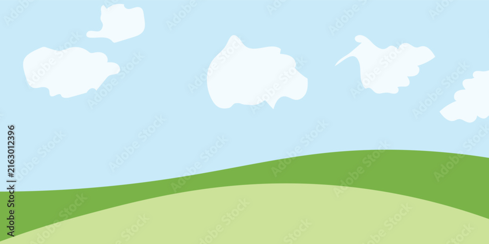 Fototapeta premium Cartoon green hills landscape vector illustration with blue sky and white fluffy clouds, flat design nature background for kids art