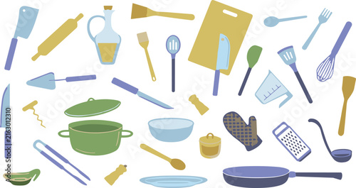 Kitchen Utensils and Cooking Tools Vector Set with Flat Stylized Cookware featuring Pots Pans Knives Cutting Board and Baking Accessories