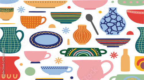 Handcrafted Ceramic Tableware Vector Set with Colorful Folk Art Style Pottery Bowls Teacups Plates Vases and Clay Pitchers
