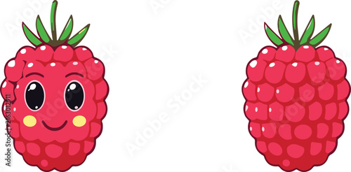 Cute Raspberry Vector Set with Kawaii Smiling Fruit Character and Plain Berry Fruit Clip Art Variations