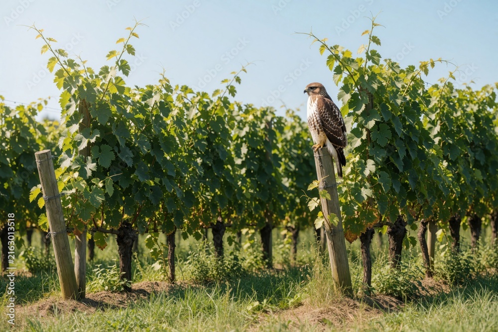 Naklejka premium Bird of prey perches on wooden post in vineyard rows. Green grape leaves and clear blue sky form background. Wild hawk surveys its surroundings with eyesight.