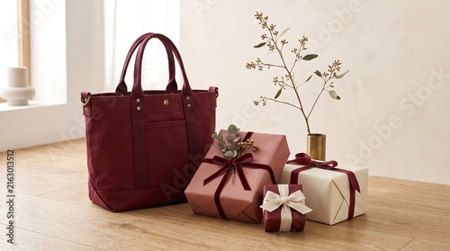 Burgundy tote bag rests beside wrapped gifts on a light wooden surface