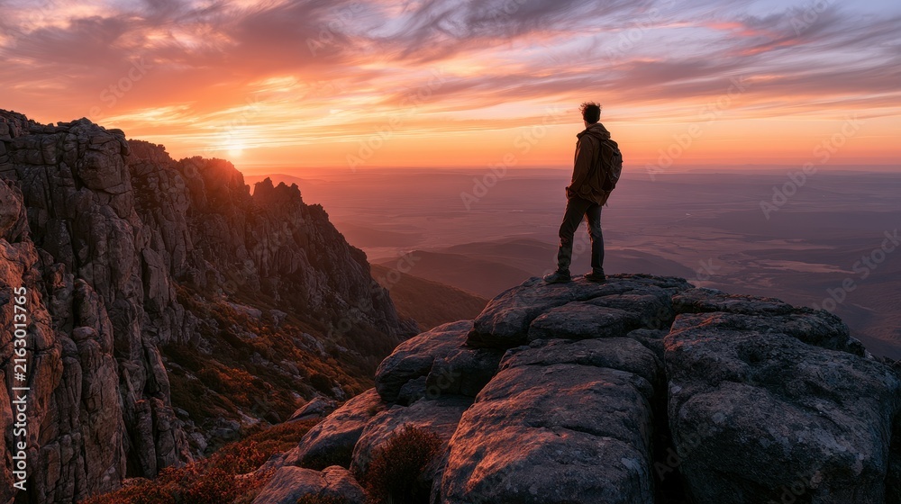 Obraz premium Dramatic mountain landscape at sunset with a lone traveler on the summit